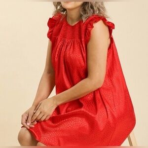 Umgee Red Satin Cheetah Jacquard Ruffle Sleeve Smocked Chest Dress Size L LNC